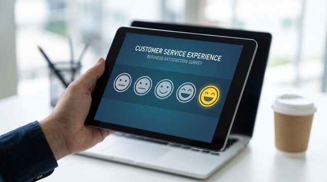 Holding a tablet showing customer satisfaction survey and star rating interface with customer satisfaction feedback experience business technology interface evaluation improvement consumer