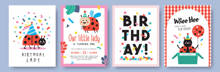 Birthday party ladybug with party hat, balloon, presents and confetti. Vector illustration for birthday greeting card, birthday invitation card, sticker, poster, cover, backdrop and prints. © BrixStudioIN