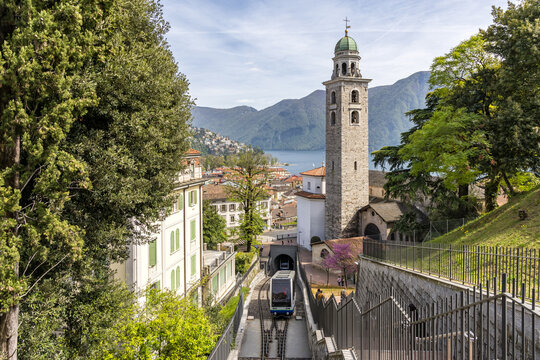Lugano city with cathedral and funicular railway in canton Ticino at Lake Lugano, Switzerland
