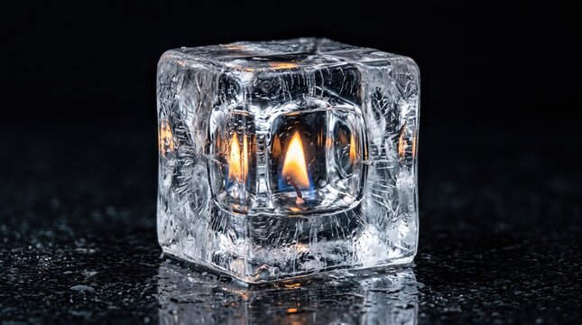 A single lit candle wick inside a transparent ice cube block on a wet black surface with transparency abstract contrast reflection moisture dripping minimalist decoration creative photography