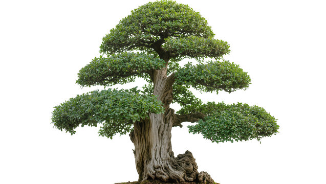 Ancient gnarled bonsai tree with lush green foliage, isolated on transparent background