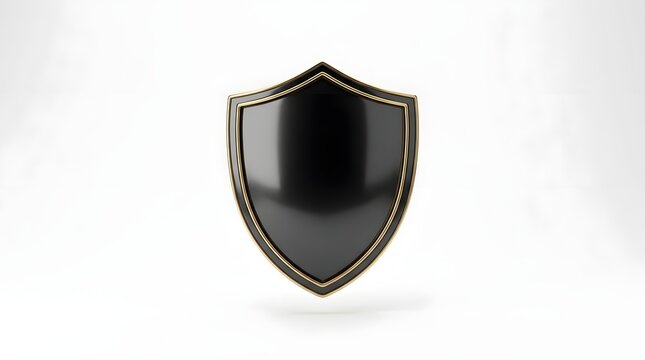 A sleek black shield with a gold metallic border isolated on a clean white background for design