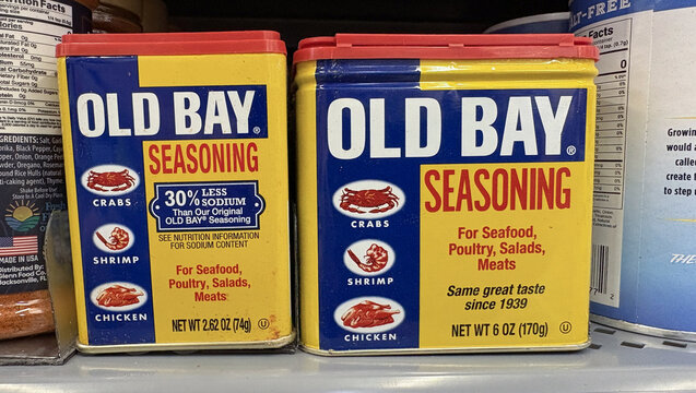 Old Bay Seasoning display. Old Bay Seasoning is chiefly used to season crab and shrimp and is owned by McCormick and Company.