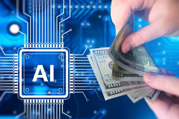Artificial intelligence finance. Hand counts dollar banknotes near AI processor and digital circuit for fintech investment concept © Grispb