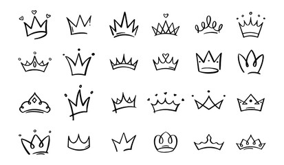 Fototapeta premium Hand Drawn Princess and Royal Crown Doodle Icons Set – Cute Sketch Crown Collection for Branding, Stickers and Decorative Design on Transparent Background