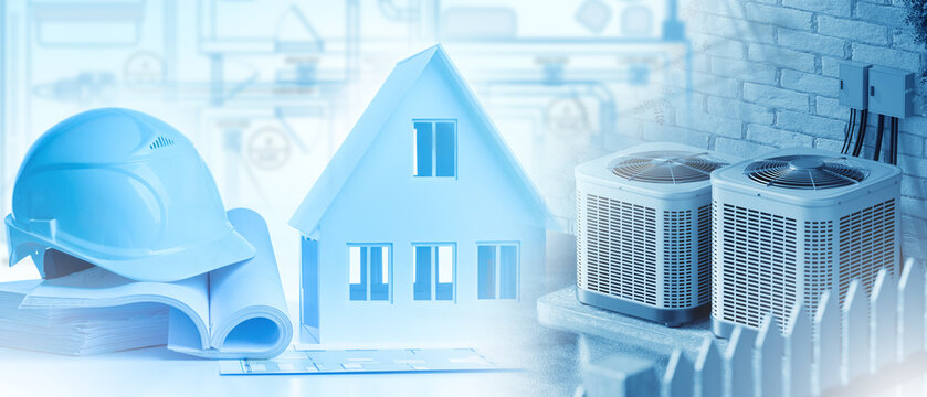 HVAC installation. Residential air conditioning systems and house model illustrate home climate control planning and energy efficiency