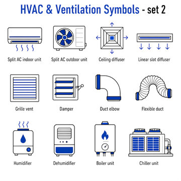 Split Air Conditioning, Duct Distribution and Climate Control HVAC Icon Collection