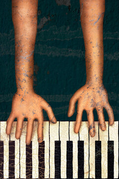 Weathered hands play a cracked piano keyboard in an illustration