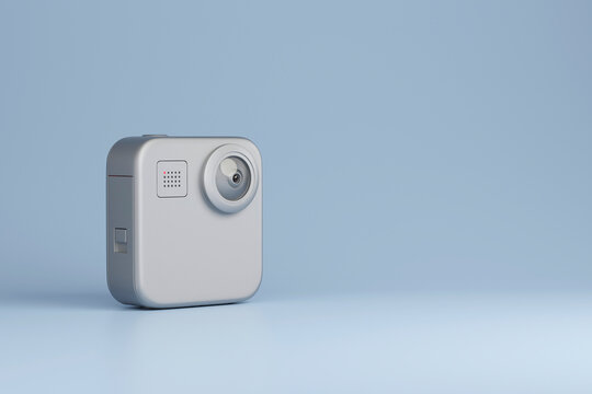 Minimalist 3D render of a compact action camera on a blue background