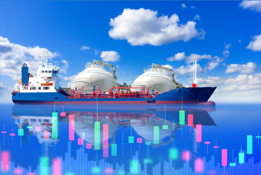 LNG shipping. Liquefied natural gas carrier transports cryogenic fuel across international trade routes while market price charts represent global energy trading and commodity markets.