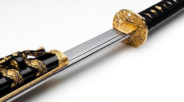 Sharp steel katana blade reflection emerging beside ornate gold tsuba
