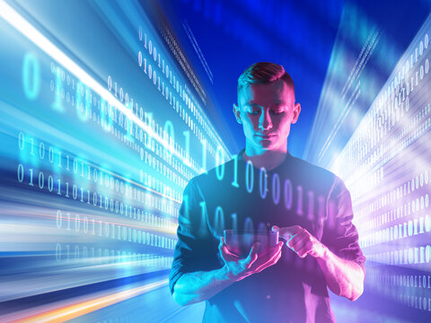 Data communication. IT specialist manages digital data transfer on a tablet while binary code streams illustrate high-speed networking, cloud computing and cybersecurity.