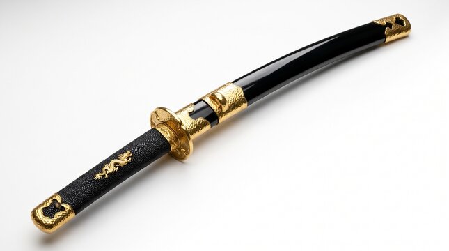 Close up of katana hilt featuring gold tsuba and black lacquered handle