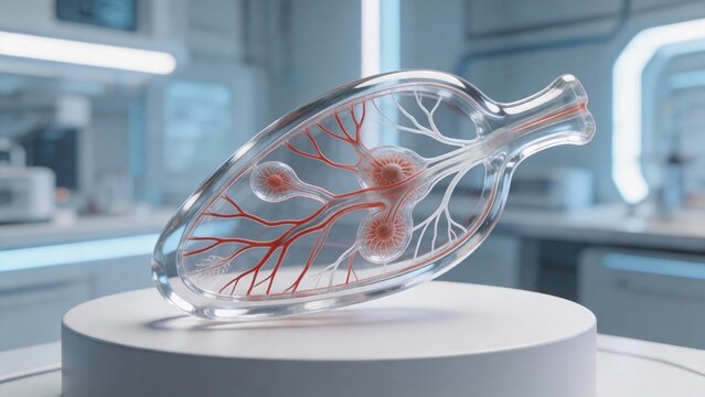 Futuristic 3D bio-printed lung model showcasing vascular systems for medical research and biotechnology