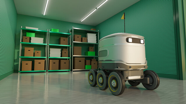Warehouse automation. Autonomous mobile robot transports inventory through a smart warehouse, supporting automated order fulfillment, inventory management and logistics operations.