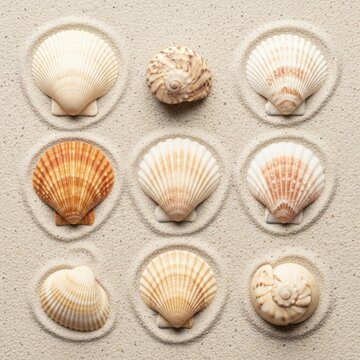 Top-down view of nine seashells arranged in a 3x3 grid on fine sand, each shell centered in a circular carved indentation, featuring various bivalve scallops and spiral gastropod shells.