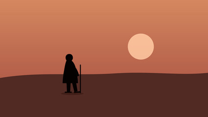 Fototapeta premium Minimalist desert traveler silhouette walking at sunset landscape illustration