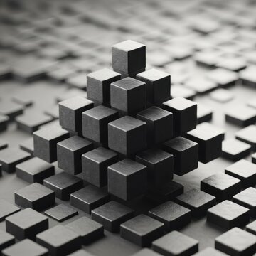 3D render of matte black cubes arranged in a floating pyramid structure over a grid of similar blocks, monochromatic geometric abstract background with shallow depth of field.
