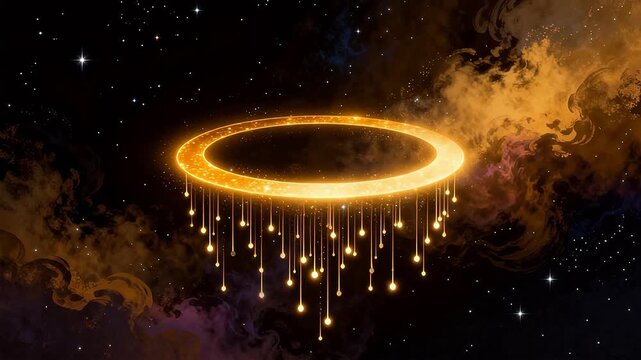 Golden ring with glowing orbs in space