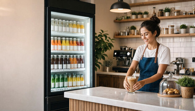 Barista prepares an iced coffee drink while smiling behind a modern cafe counter with refrigerated display of bottled juices. The scene conveys friendly service and a clean interior.