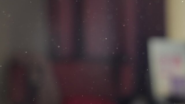 Dust particles floating and flying in the air in closed room as sun shines in. Early morning extreme close up on small specks of dust in dirty surroundings. Humidifier filter need in old dusty place