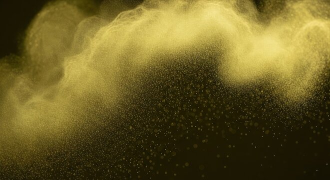 Fine golden and lime green powder particles exploding against a dark background, shimmering dust cloud with textured granular mist, frozen motion of floating glittering sparkles.