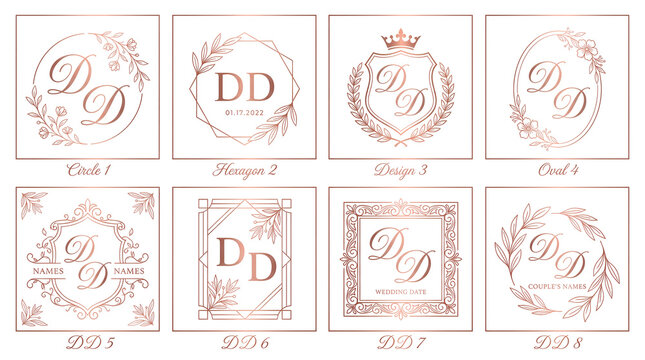 Luxury wedding monogram designs with elegant rose gold initial DD motifs and botanical frame elements, created by design by alevidhanu