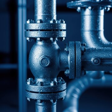 Close-up macro view of industrial steel pipes and flanged joints covered in condensation water droplets, showing detailed bolts and nuts in a dark blue atmospheric setting.