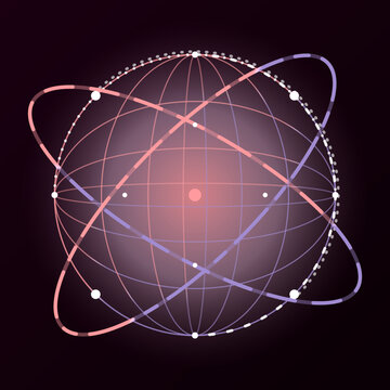 Abstract digital representation of a global hyperconnected network sphere with glowing pink orbital data transmission.