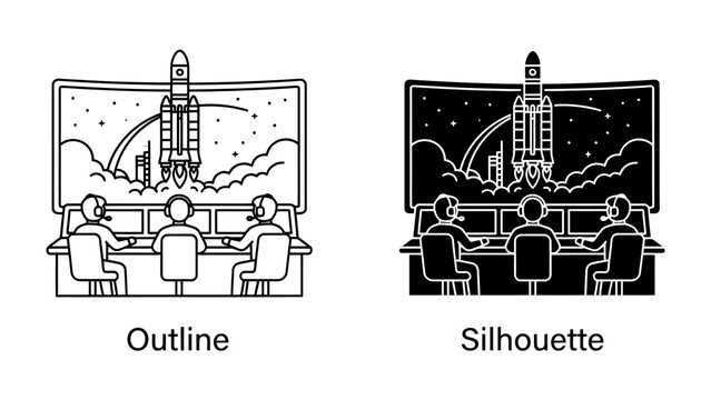 Mission Control: Two distinct illustrations, outline and silhouette, depict a team of individuals monitoring a rocket launch on a large screen in a futuristic control room.