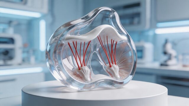 Medical 3D model of a human heart mitral valve showing detailed cardiac anatomy