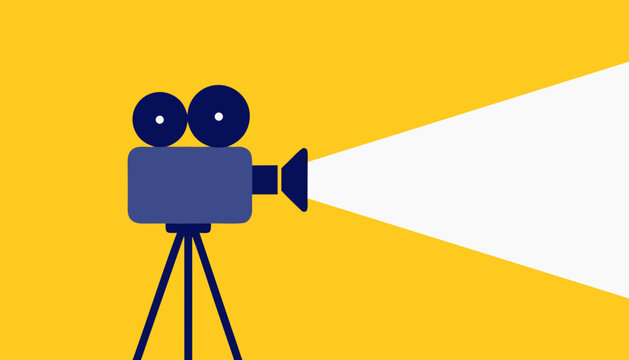 Flat Movie Camera Icon With Cinema Spotlight Shining Brightly For