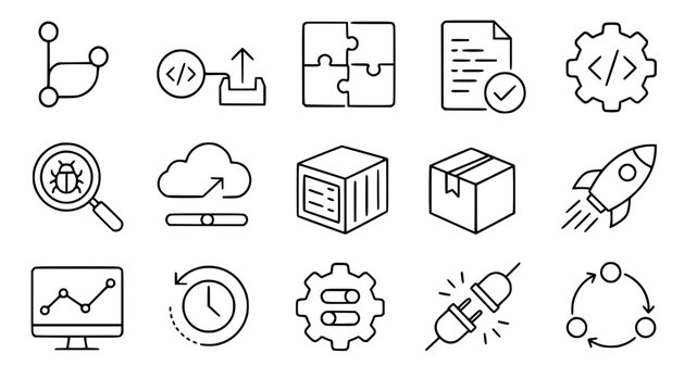 DevOps icon set featuring vector line art of software engineering cloud deployment system debugging and startup project launch symbols