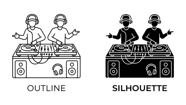 Two DJs Mixing Music: A set of illustrations depicting two DJs with headphones on, mixing music on turntables and audio equipment. One is an outline, the other a silhouette.