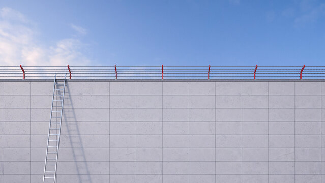 3D Rendering, ladder leaning against wall, barbed wire