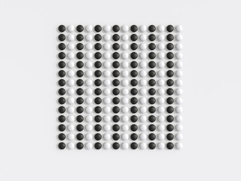 A 3d rendering shows black and white spheres sorted in a row
