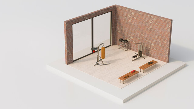 An isometric 3d rendering displays a tiny gym room with brick walls
