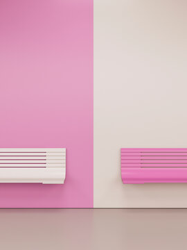 Two benches sit against a contrasting pink and white wall