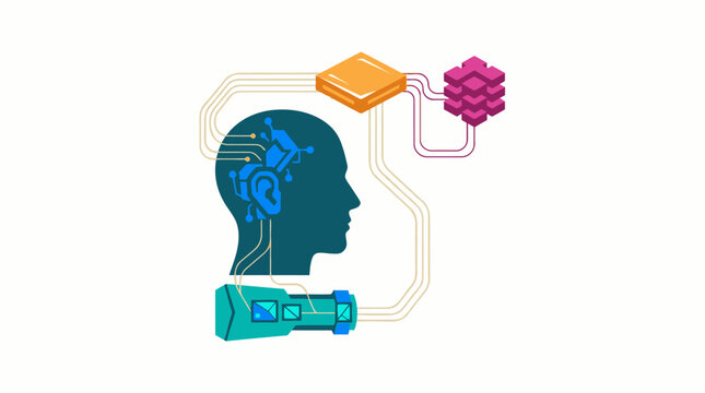 Digital brain concept with data flow and technology icons.