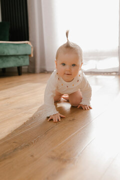 Cute baby girl crawling on hardwood floor at home
