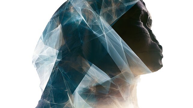 Prompt: A powerful fine-art double exposure portrait. A sharp silhouette profile of a sitting Egyptian sphinx is double-exposed with a symbolic cosmic landscape of a multi-dimensional tesseract, 