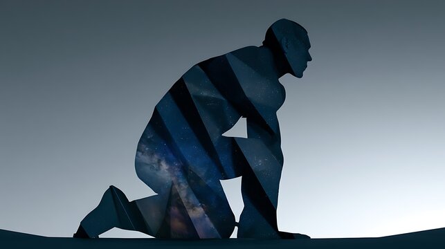 Prompt: A powerful fine-art double exposure portrait. A stark black silhouette of a muscular titan kneeling is filled with a symbolic landscape of the starry sky being folded like a clean piece 