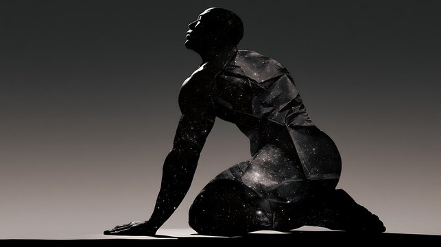 Prompt: A powerful fine-art double exposure portrait. A stark black silhouette of a muscular titan kneeling is filled with a symbolic landscape of the starry sky being folded like a clean piece 