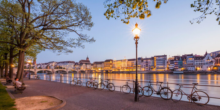Switzerland, Basel, city view and Rhine at dusk