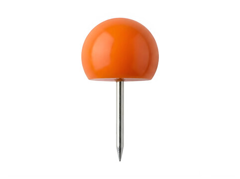 Orange push pin standing upright on white background