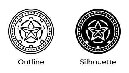 Fototapeta premium Outline and Silhouette of a Star Emblem: A clear demonstration of two distinct graphic styles, showcasing a five-pointed star emblem in both an outline and a solid silhouette form.