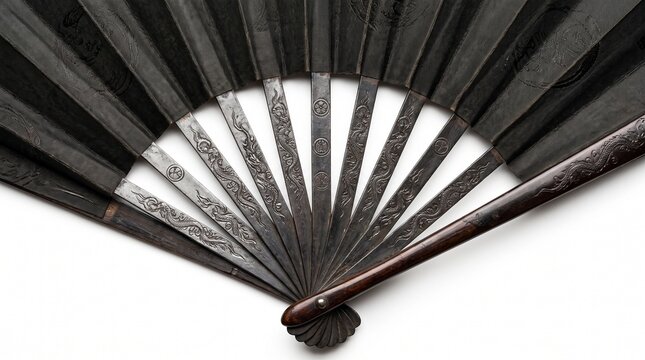 Opened black traditional Japanese tessen iron folding war fan