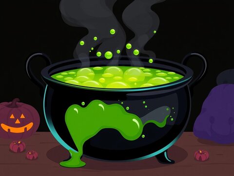 Black cauldron filled with bubbling green liquid witch potion boiling for halloween spooky magic decoration flat vector illustration, potion, boiling
