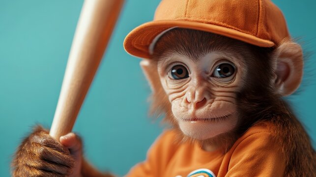 A cute monkey holding a baseball bat, dressed in an orange cap and shirt, ready for play