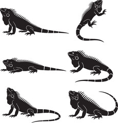 Naklejka premium Green Iguana Silhouette Icon Set Black Vector